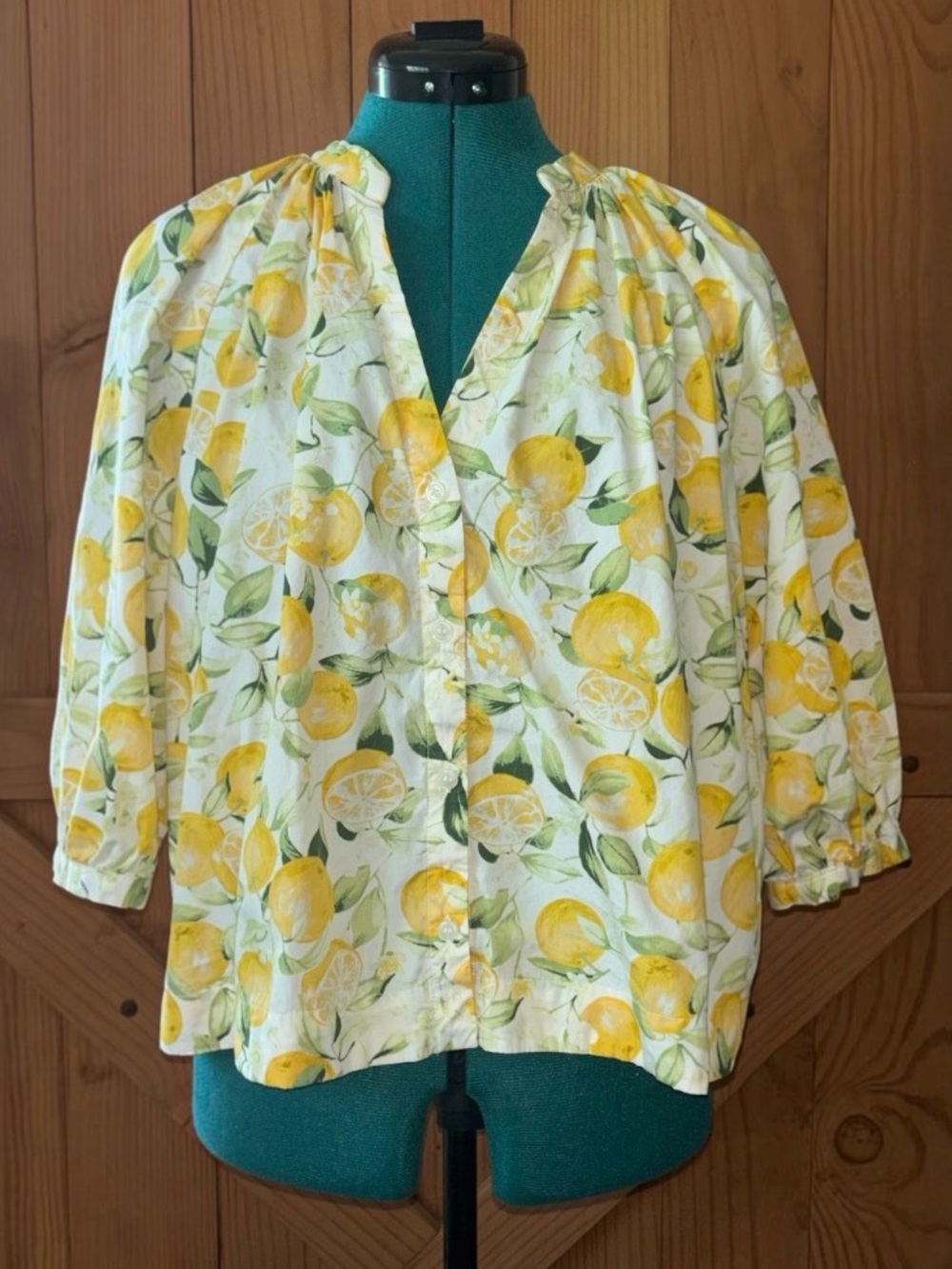 H&M Lemon Print Blouse Medium Yellow Green Button Front Puff Sleeve Top
